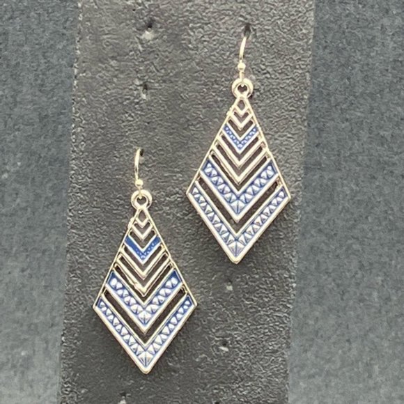 Jewelry - Dangle Pierced Earrings Silver Blue Enamel Chevron Hook Retro Nautical Classic